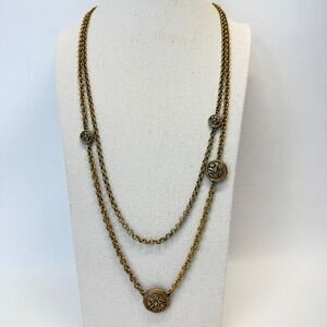 Tahari Medallion Station Necklace Long Length Brassy Gold Tone‎ Double Strand